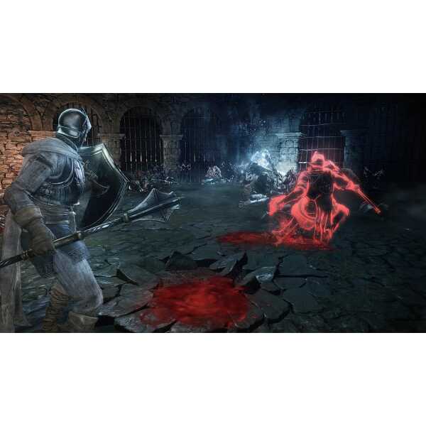Dark fantasy warrior fighting a fiery demon in a dungeon setting.