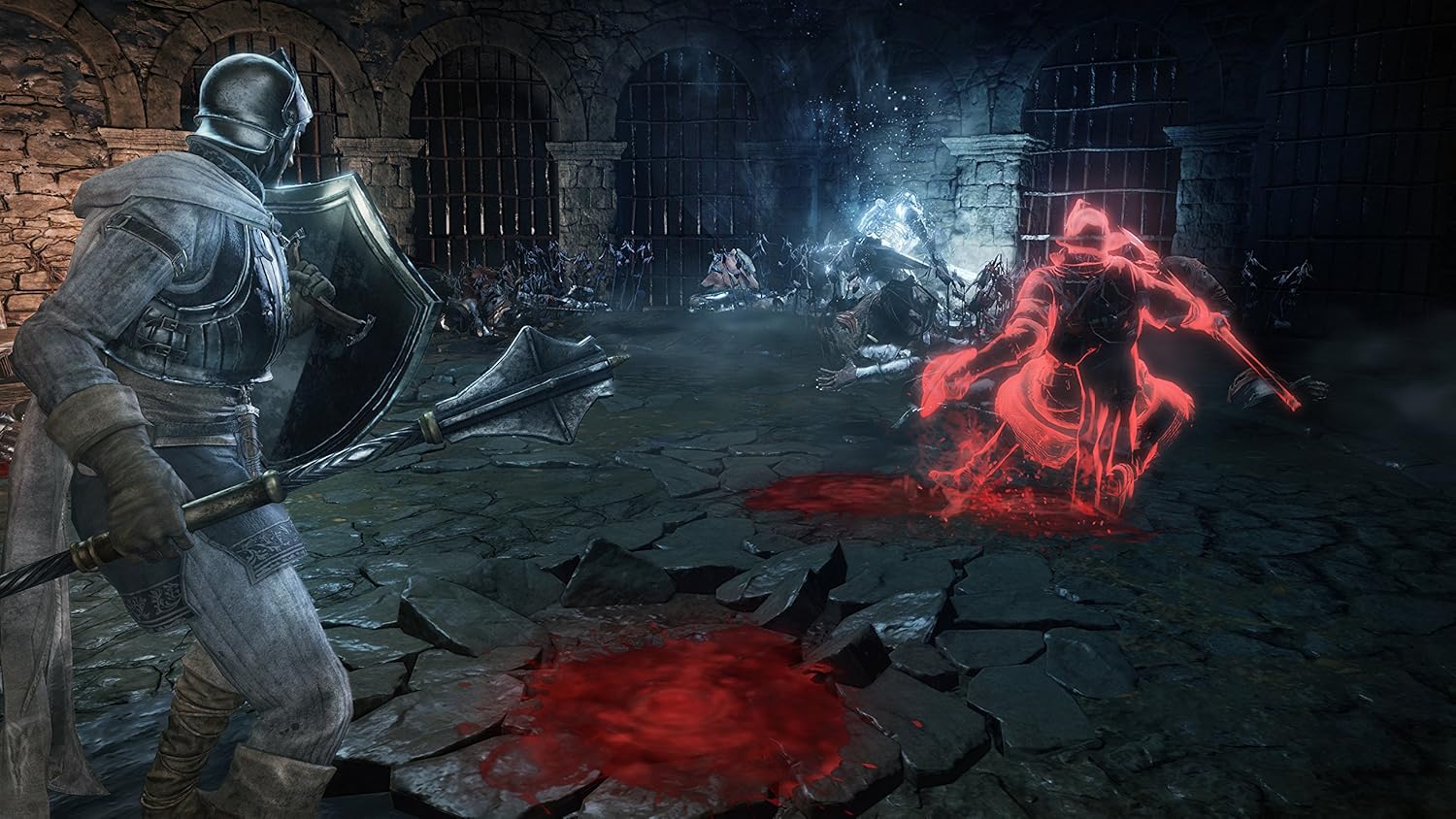 Dark fantasy warrior fighting a fiery demon in a dungeon setting.