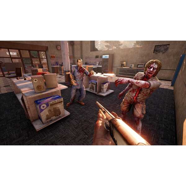 Intense zombie attack in a game store with a player aiming a gun at attacking zombies.