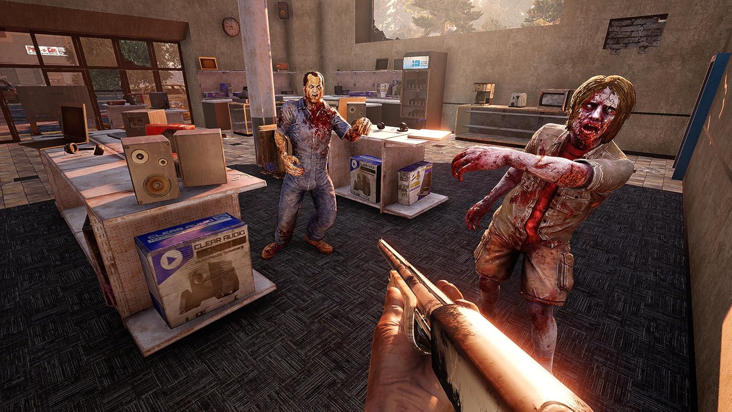 Intense zombie attack in a game store with a player aiming a gun at attacking zombies.