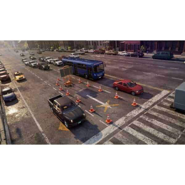 City street with bus, cars, and traffic cones during daytime.