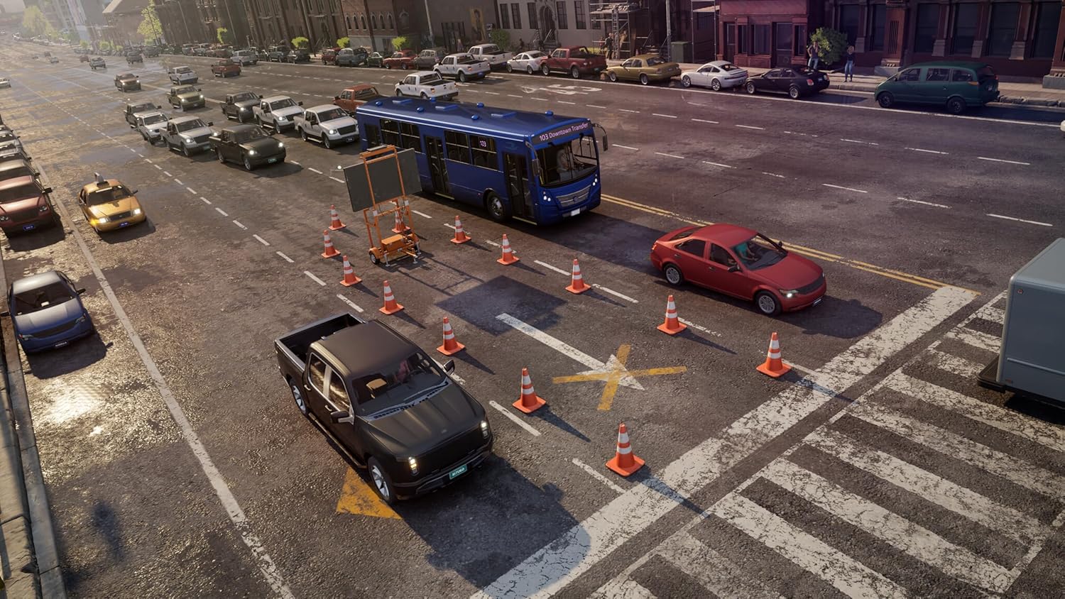 City street with bus, cars, and traffic cones during daytime.