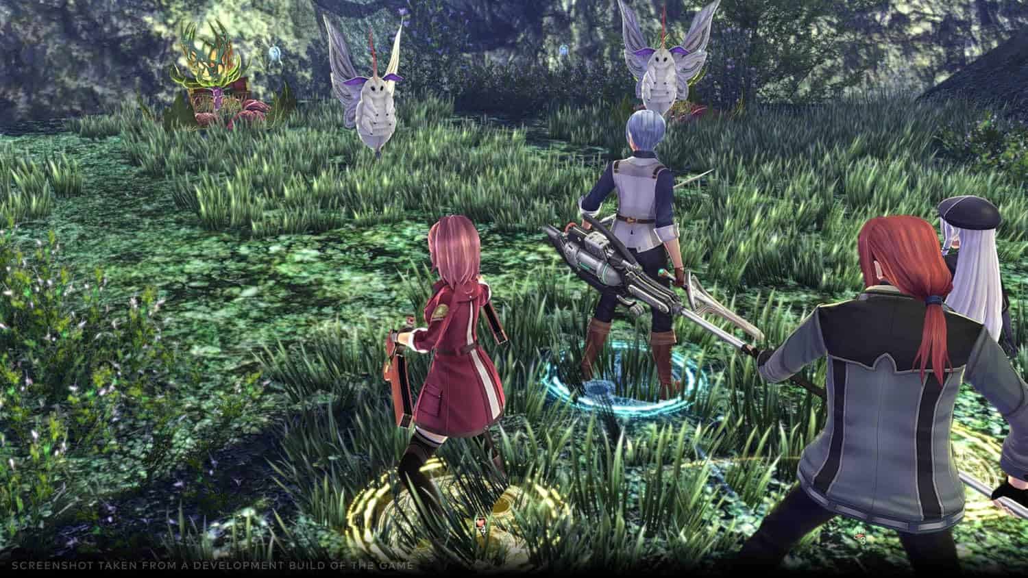 Fantasy game scene with characters fighting mystical creatures in a lush forest.