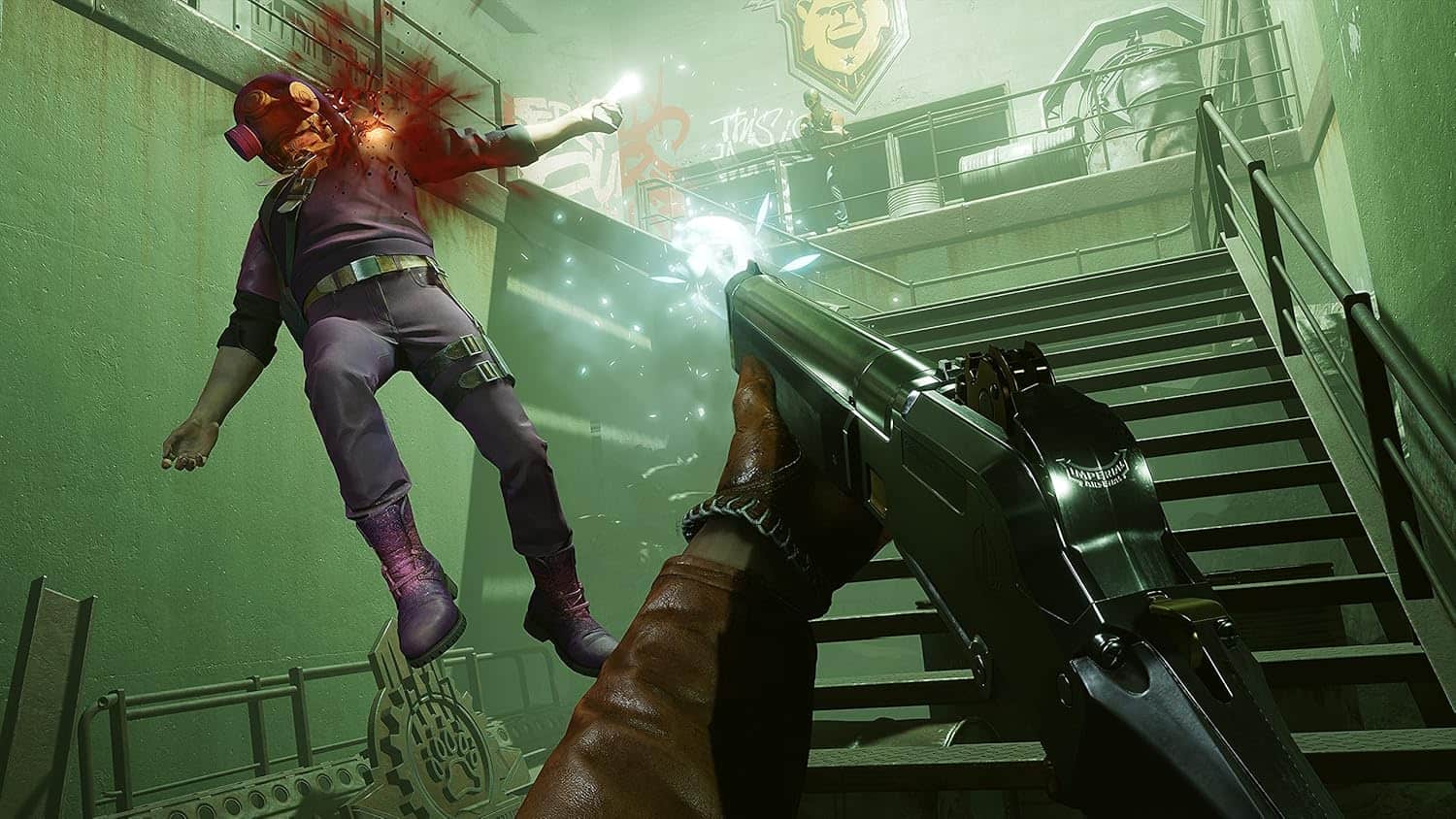 Player shooting at enemy character in a green-lit gaming environment.