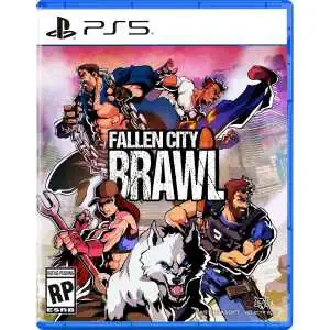 Fallen City Brawl PS5 game cover with characters and wolf, action scene, urban background.