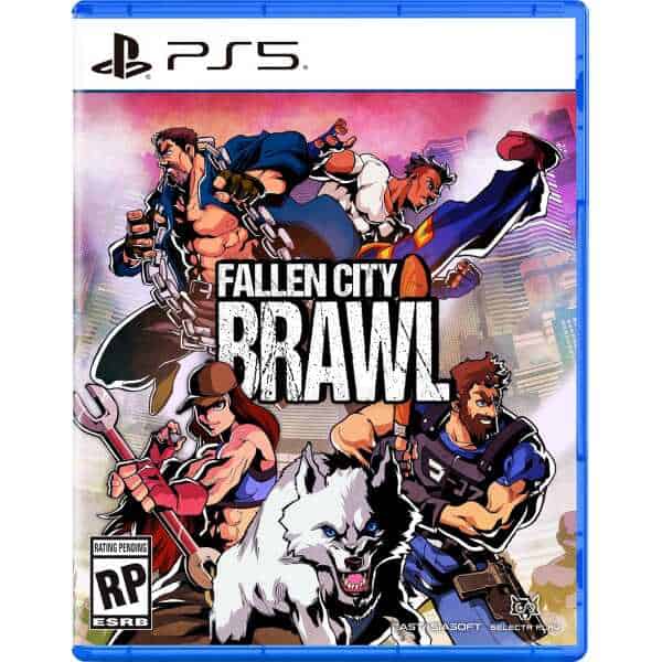 Fallen City Brawl PS5 game cover with characters and wolf, action scene, urban background.