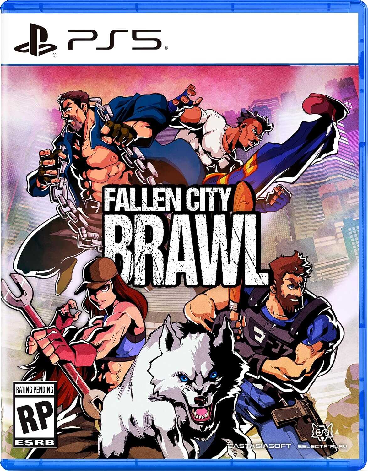 Fallen City Brawl PS5 game cover with characters and wolf, action scene, urban background.