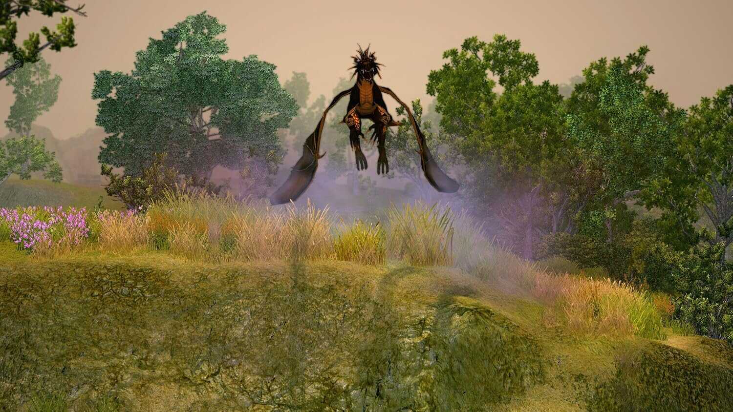Mythical creature flying over lush landscape in Sacred 2 Remaster.