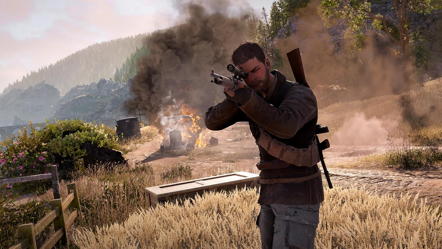 An armed soldier aims his rifle during a battle with explosions and smoke in the background.