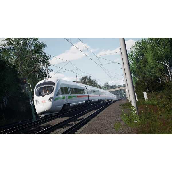 High-speed train traveling on railway tracks with overhead electric lines, surrounded by greenery, i.