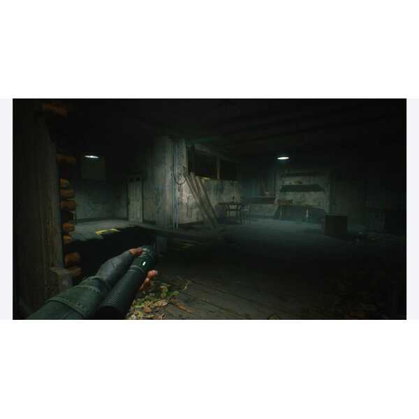 Player explores abandoned building in a survival game environment.