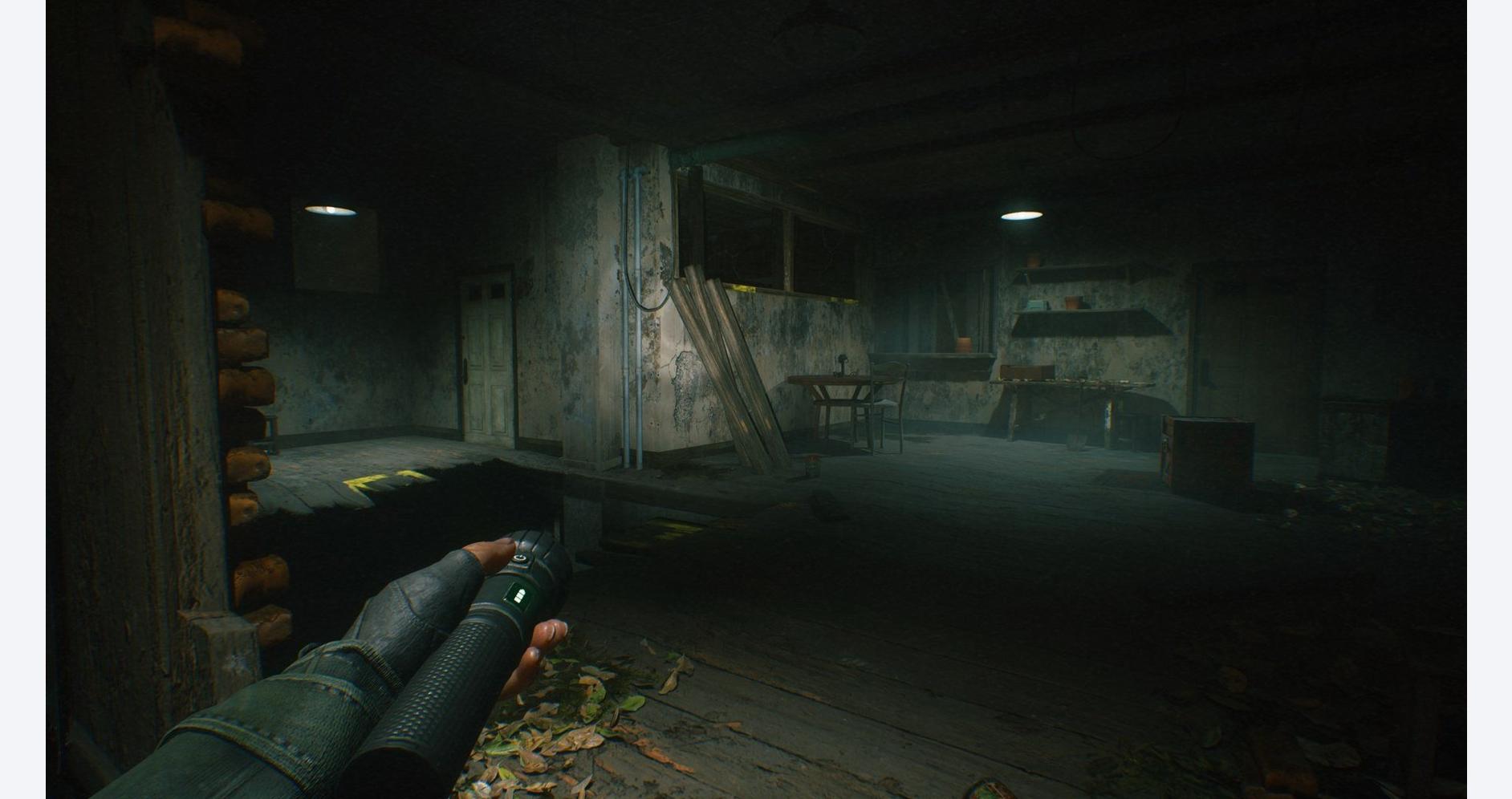 Player explores abandoned building in a survival game environment.