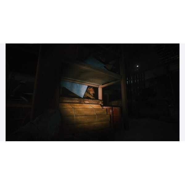 Dimly lit scene of a wooden bed and desk in a quiet, dark room.