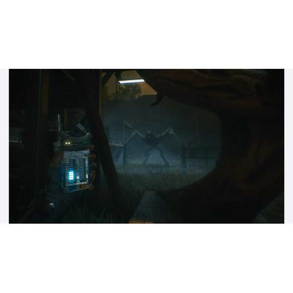 Player holding a device facing a giant spider in a dark, eerie environment.