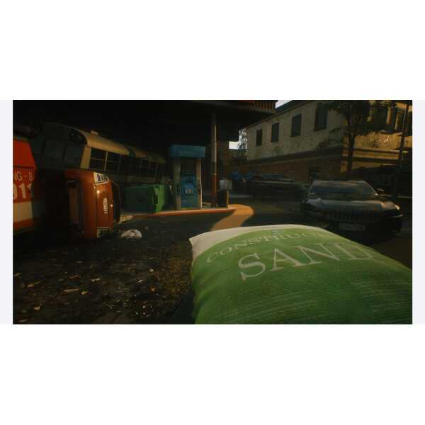 Urban scene with construction materials and parked cars in a quiet street.