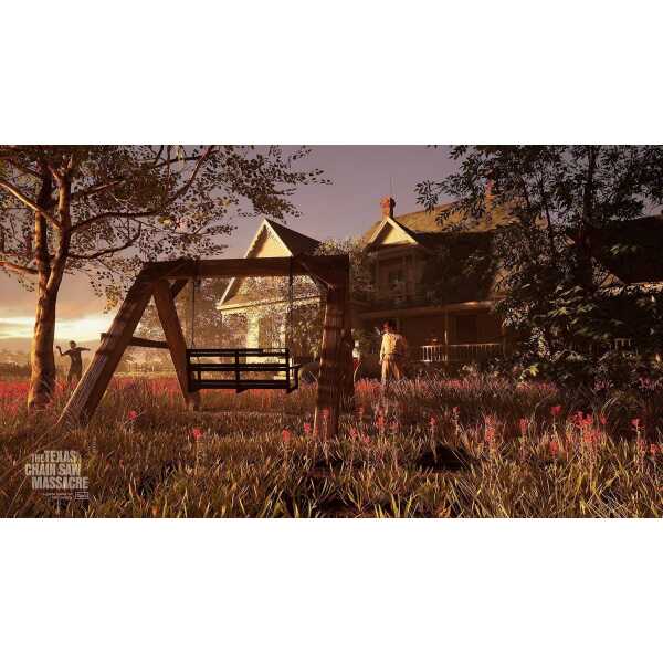 Haunted house scene featuring a swing set, spooky figures, and eerie sunset lighting, perfect for ho.