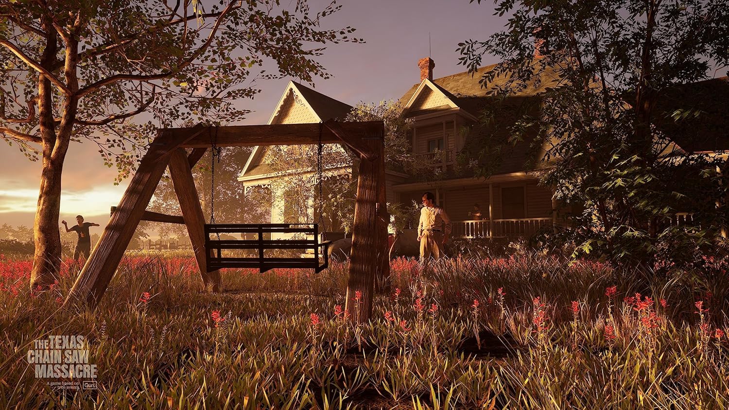 Haunted house scene featuring a swing set, spooky figures, and eerie sunset lighting, perfect for ho.