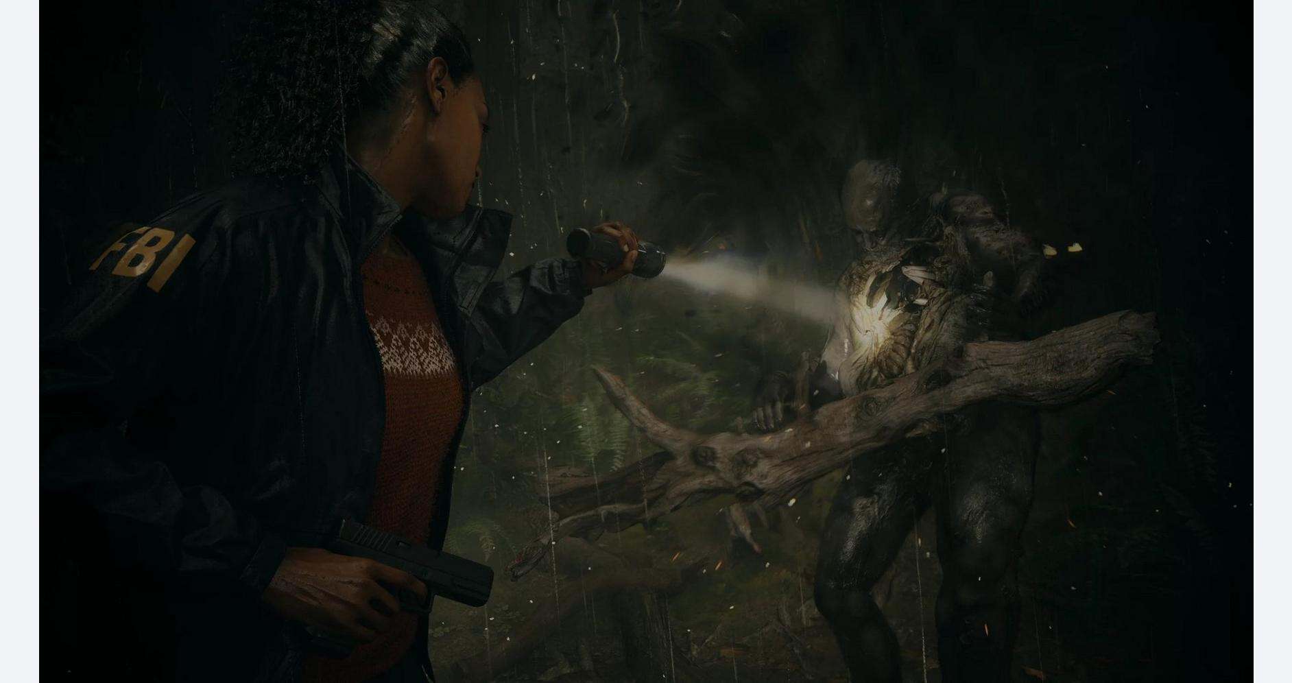 Female investigator confronting a monstrous creature in a dark, rain-soaked forest.