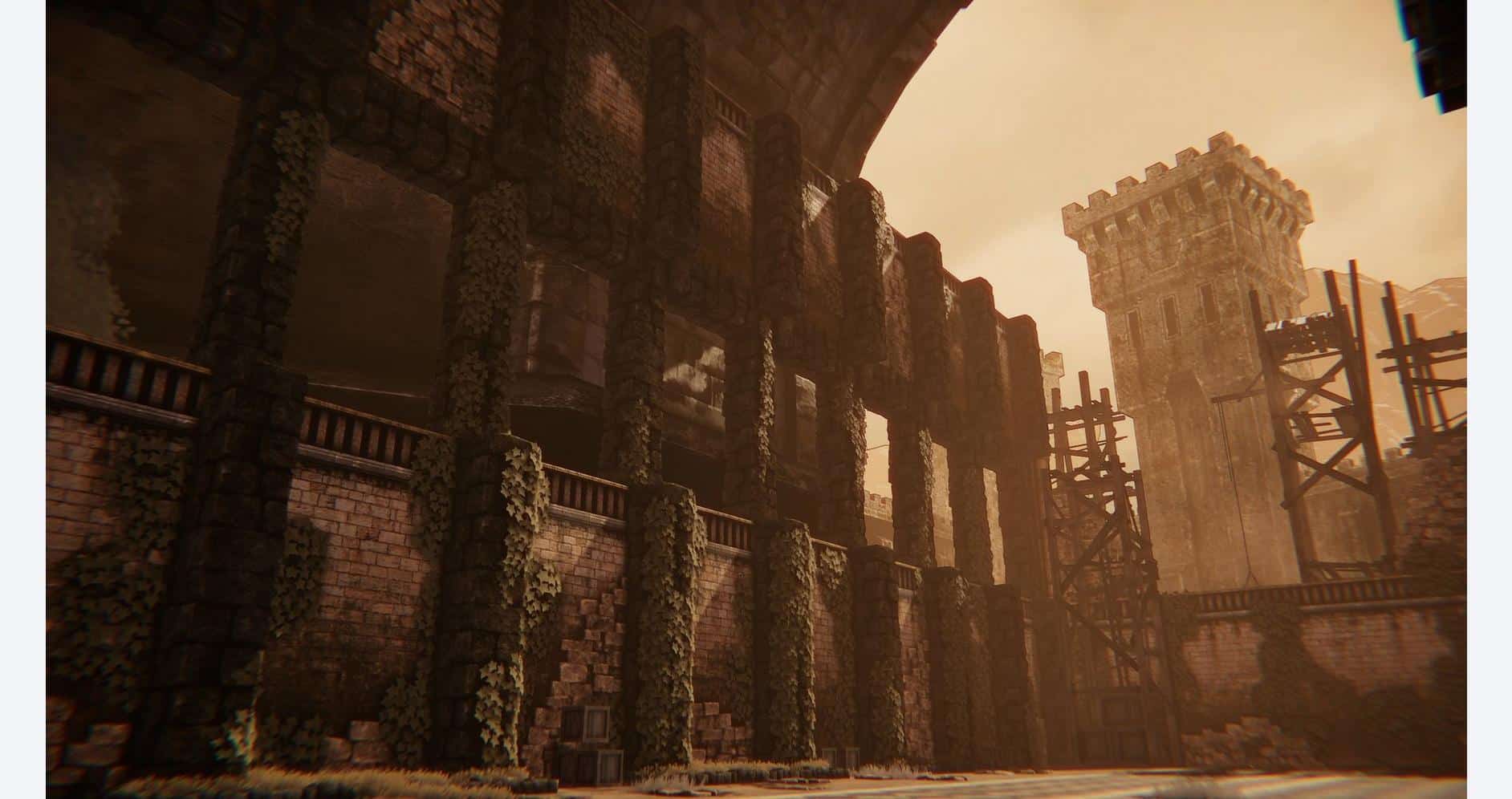 Ancient castle ruins from Anima Gate of Memories I & II Remaster, showcasing detailed medieval archi.