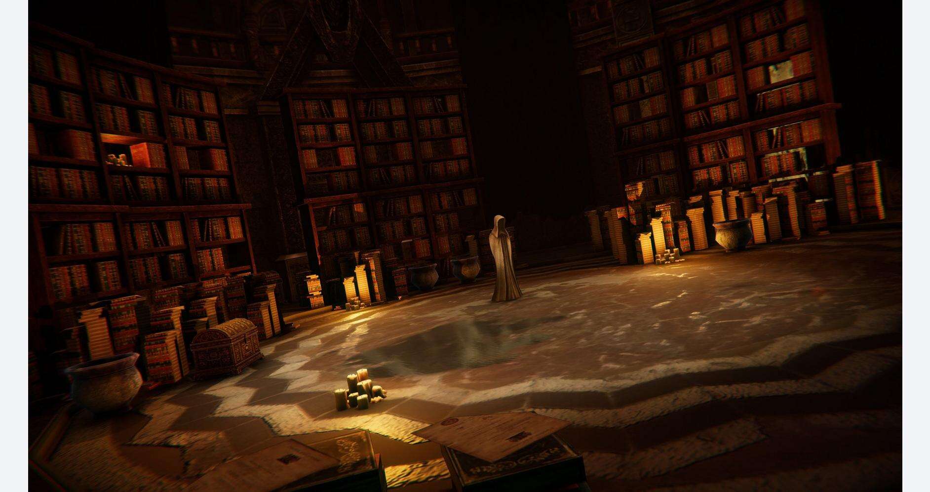 Mysterious library with glowing candles and towering bookshelves in Anima Gate of Memories I & II Re.