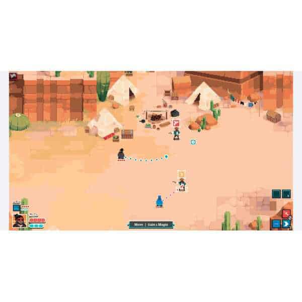 Pixel art scene of Arco with tents, cacti, and desert environment.