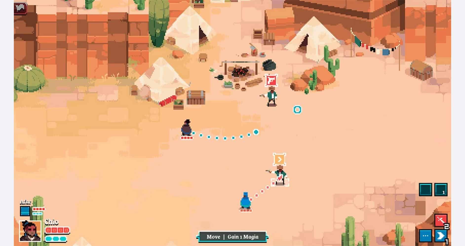 Pixel art scene of Arco with tents, cacti, and desert environment.
