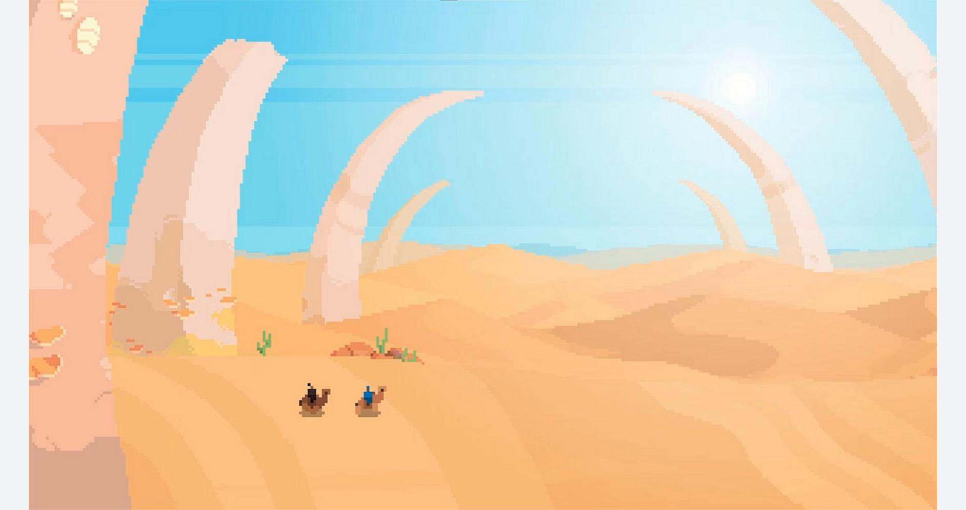 Arco desert landscape with large, curved rock formations and a bright blue sky.