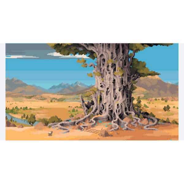 Pixel art of an ancient, large tree with sprawling roots in a desert landscape.