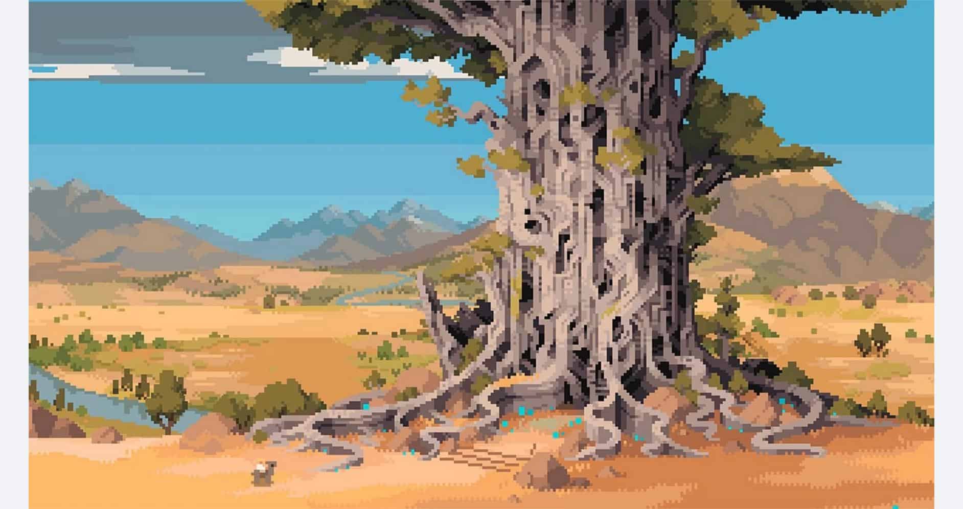 Pixel art of an ancient, large tree with sprawling roots in a desert landscape.