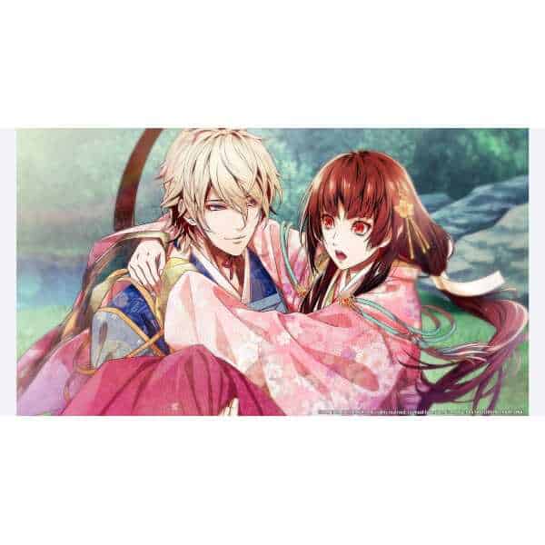 Anime characters from Birushana: Winds of Fate in a romantic moment.