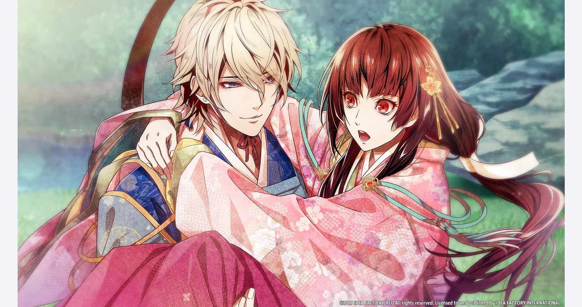 Anime characters from Birushana: Winds of Fate in a romantic moment.