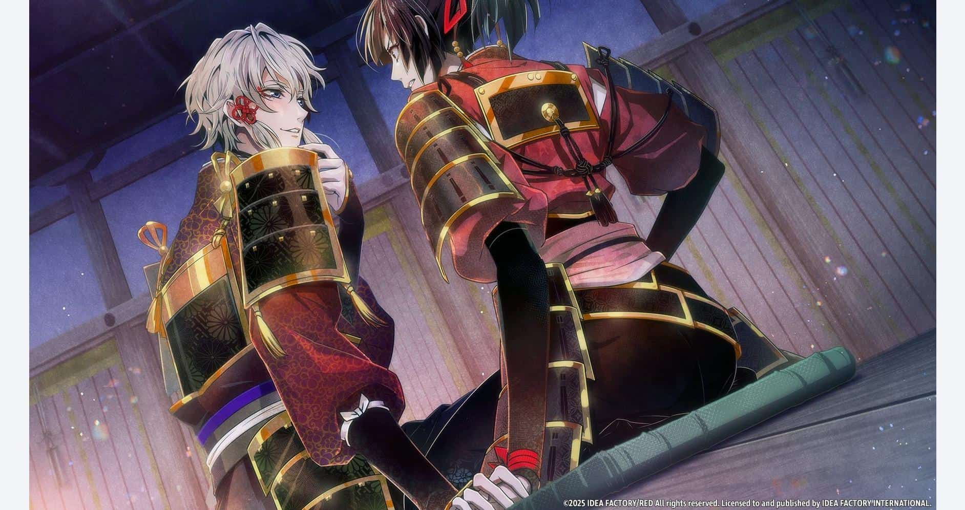 Two characters in traditional Japanese armor from Birushana: Winds of Fate, engaging in a dramatic s.