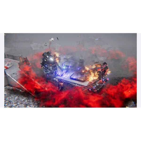High-tech robots battling in a fiery, futuristic arena for gaming and entertainment.