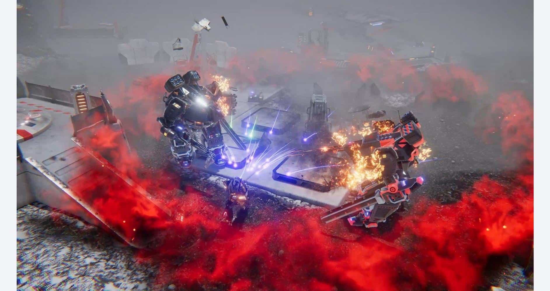 High-tech robots battling in a fiery, futuristic arena for gaming and entertainment.