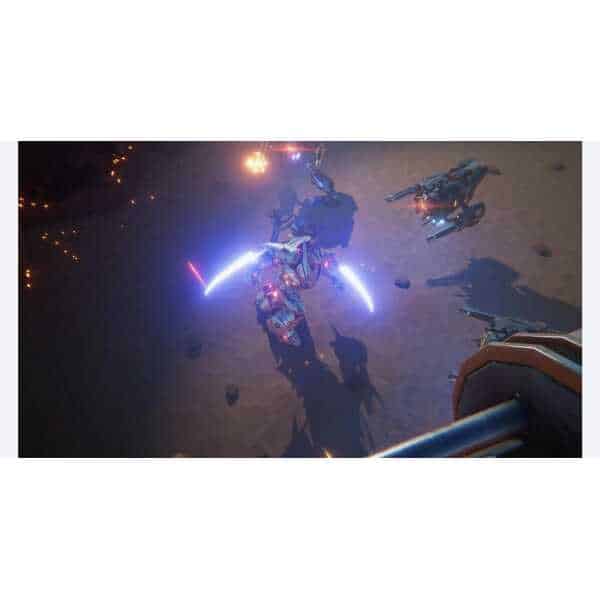 High-tech robot combat scene with laser weapons and futuristic machinery in space.