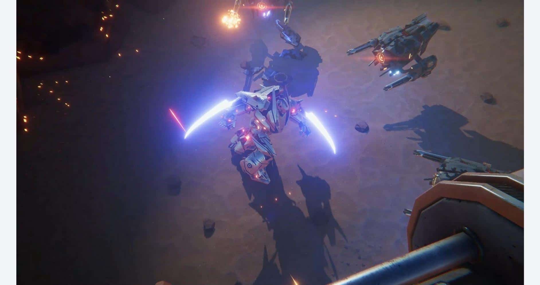 High-tech robot combat scene with laser weapons and futuristic machinery in space.