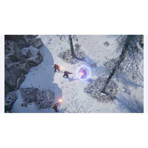 Exploring a snowy forest with characters battling a magical energy sphere in a video game scene.