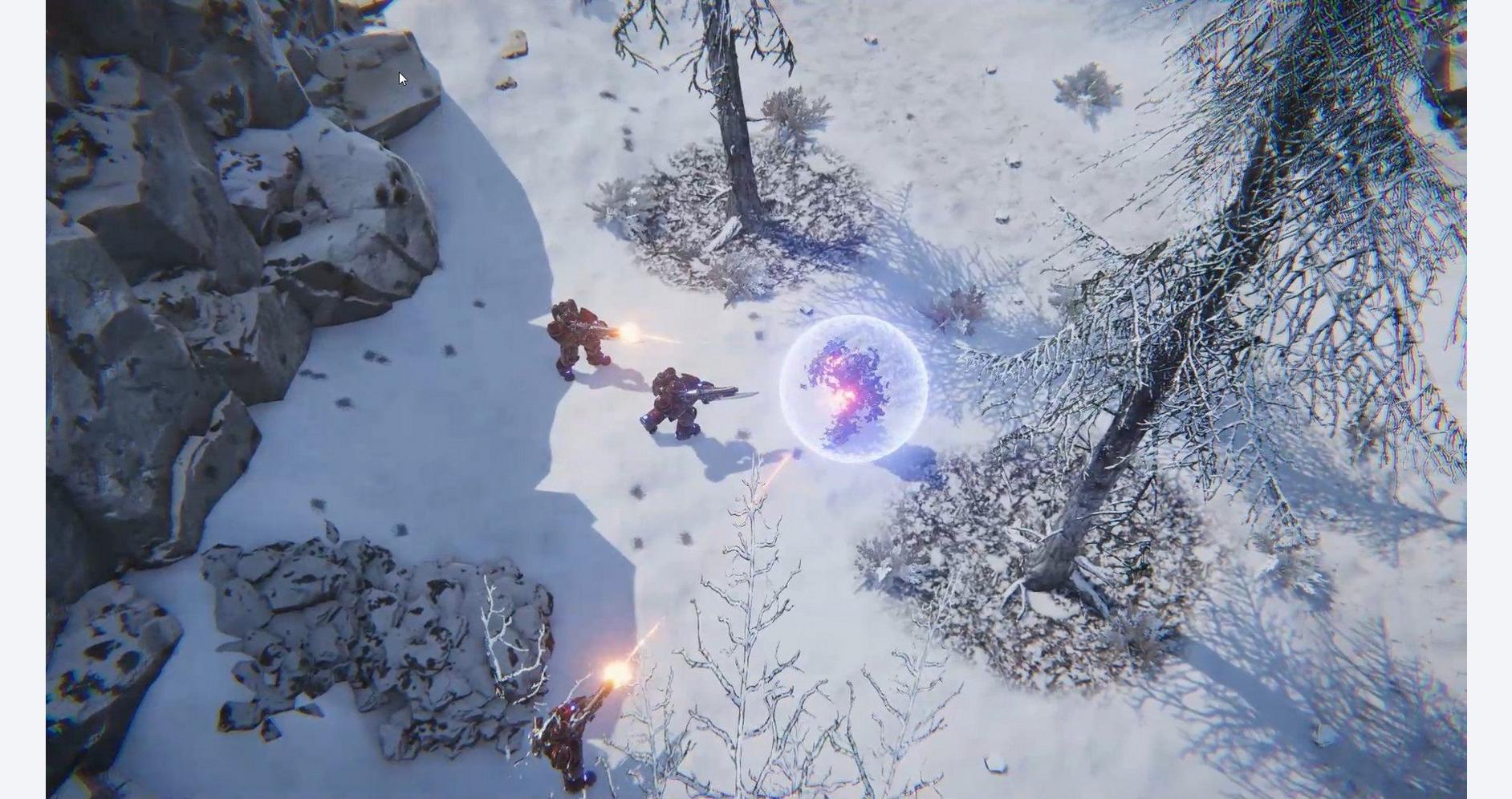Exploring a snowy forest with characters battling a magical energy sphere in a video game scene.