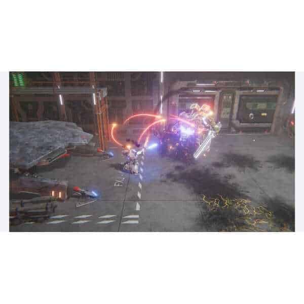 Sci-fi video game scene with futuristic combat and laser weapons in a high-tech environment.