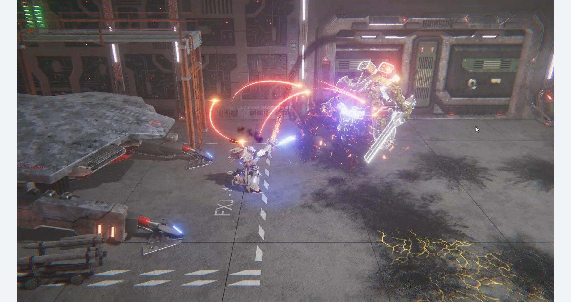Sci-fi video game scene with futuristic combat and laser weapons in a high-tech environment.