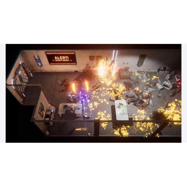 Explosion scene from a video game with fire, sparks, and destruction in an office setting.