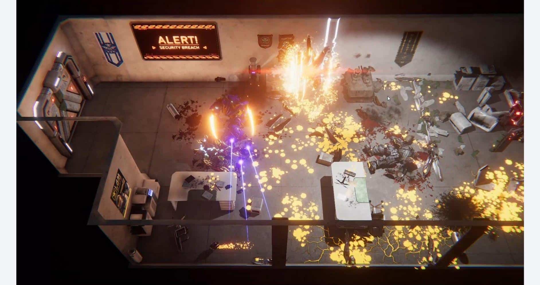 Explosion scene from a video game with fire, sparks, and destruction in an office setting.