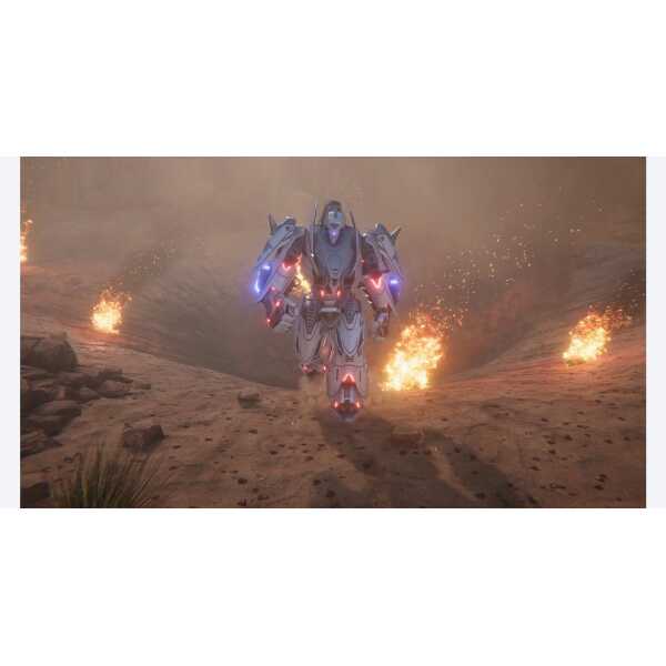 A futuristic robot walking through a fiery, war-torn landscape with explosions in the background.