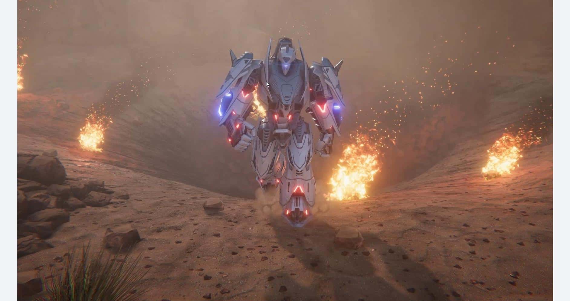 A futuristic robot walking through a fiery, war-torn landscape with explosions in the background.