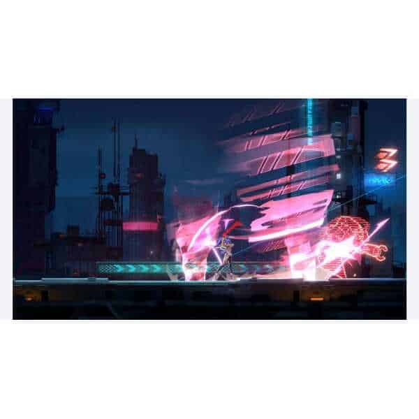 Action scene from BlazBlue Entropy Effect X with futuristic city background.