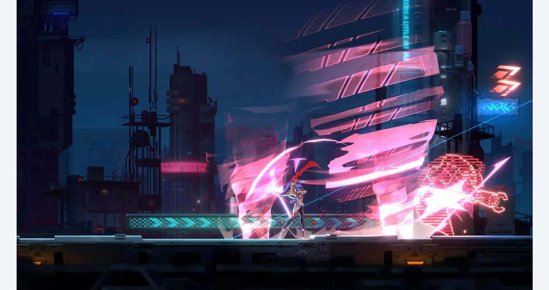 Action scene from BlazBlue Entropy Effect X with futuristic city background.