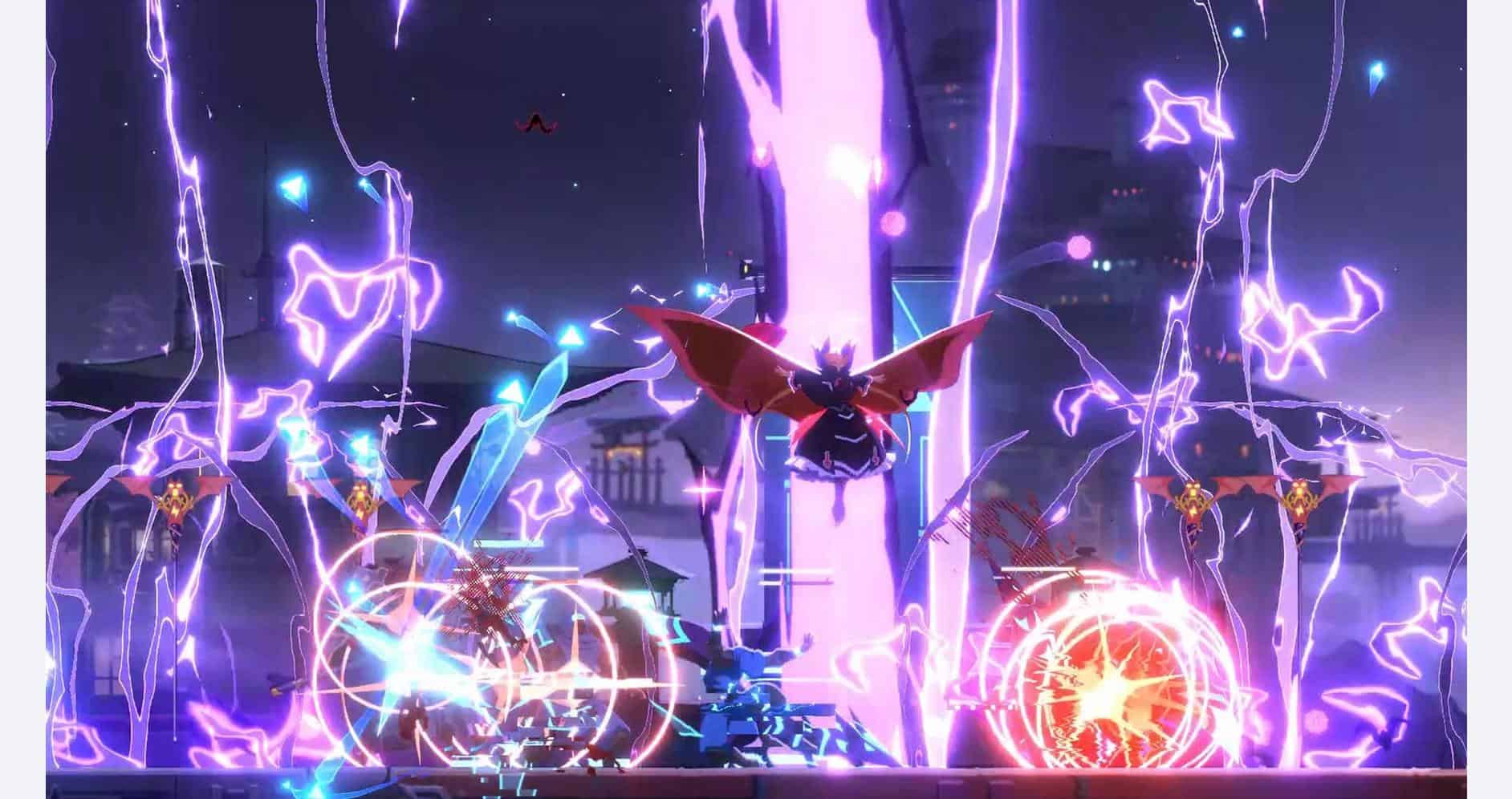 Dynamic battle scene from BlazBlue Entropy Effect X with lightning effects.