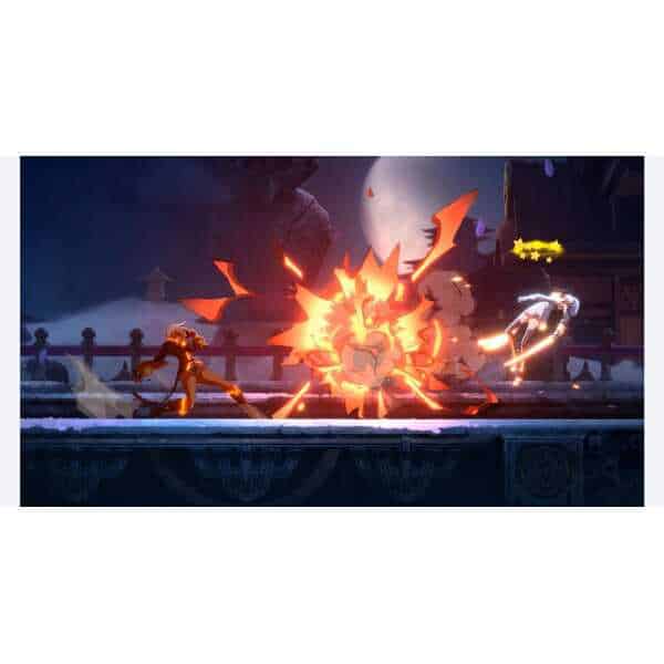 Intense battle scene from BlazBlue Entropy Effect X featuring characters fighting a fiery dragon.