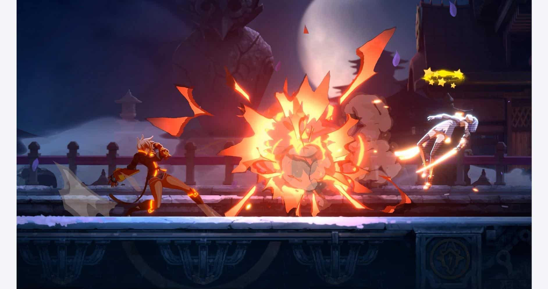 Intense battle scene from BlazBlue Entropy Effect X featuring characters fighting a fiery dragon.