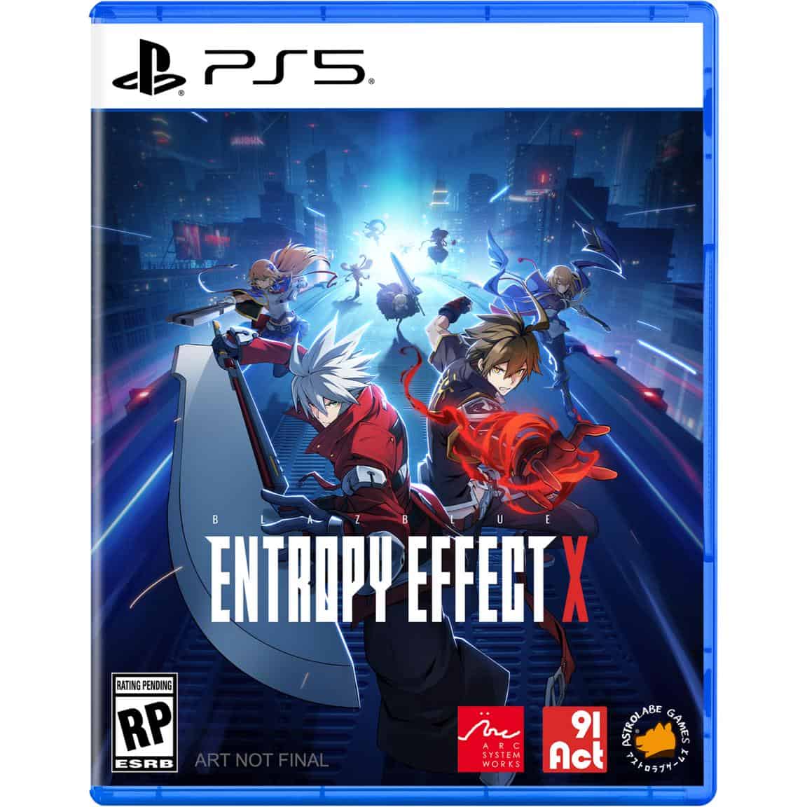 Gameware, BlazBlue Entropy Effect X PS5 cover art with characters in a futuristic cityscape.